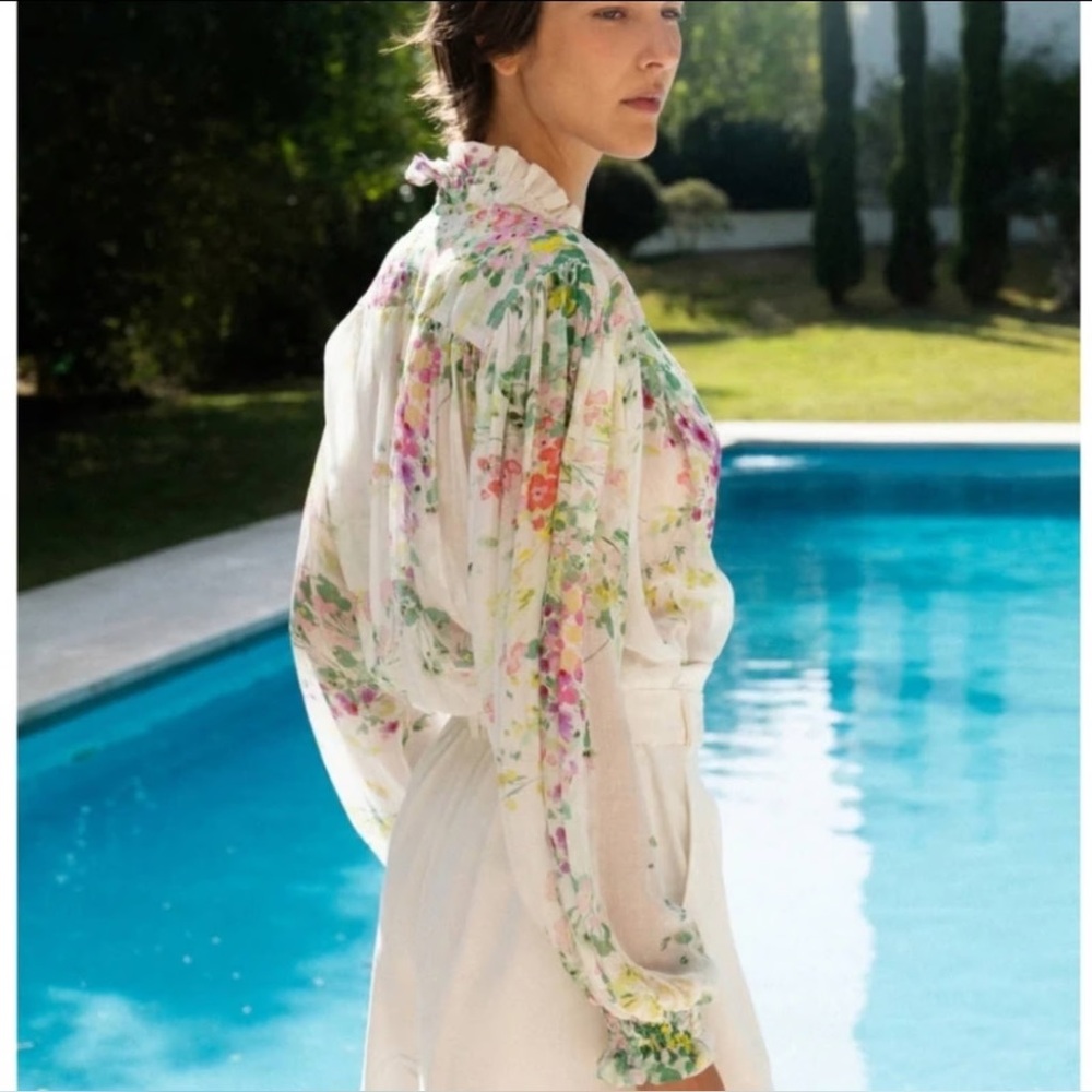 NWT Sabina Musayev Floral Puff Sleeve Tie Top Size S White Multicolor - Picture 2 of 4